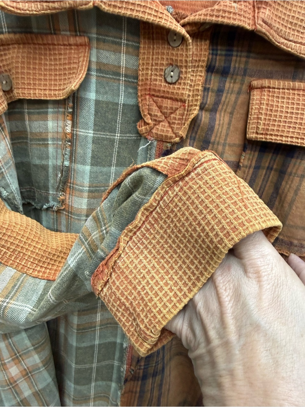 Oli & Hali Boho Patchwork Mixed Plaid Waffle Knit Raw Hem Oversized Shacket Top - Picture 7 of 9